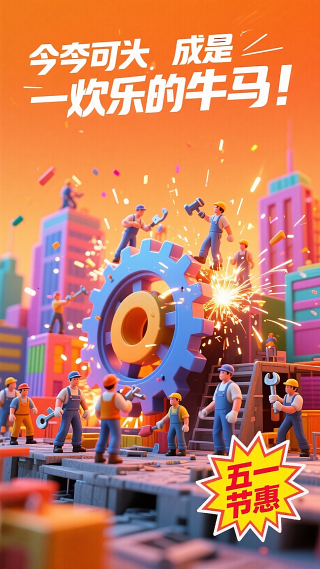 3D卡通风格，微缩艺术展现工人合力打造齿轮，波普色彩渲染喜庆氛围，五一节惠创意设计。