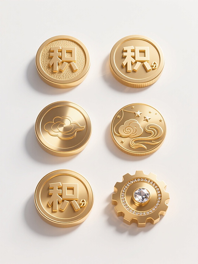 6个不同样式、不同材质、不同元素的积分，白色背景，排列整齐，3D渲染风格，金色为主色调，具有强烈的金属质感和光泽，光影效果明显，高光和阴影细节丰富，表面光滑，边缘圆润，每个积分上都有“积”字的立体浮雕，有的积分表面有细腻的磨砂纹理，有的有光滑的镜面效果，有的带有祥云图案，有的带有星星元素，有的边缘有齿轮纹路，有的中心有宝石镶嵌，整体呈现出高端、精致的视觉效果，积分之间有一定的空间层次感，排列成整齐的两行三列，每个积分大小略有差异但整体协调，具有强烈的立体感和真实的材质表现。