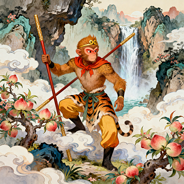西游记主题插画，齐天大圣孙悟空作为主角突出展示，在花果山水帘洞场景，云雾缭绕，古典国风，细节丰富，充满故事性，色彩鲜艳，构图饱满，精致插画，人物刻画细腻，场景层次分明