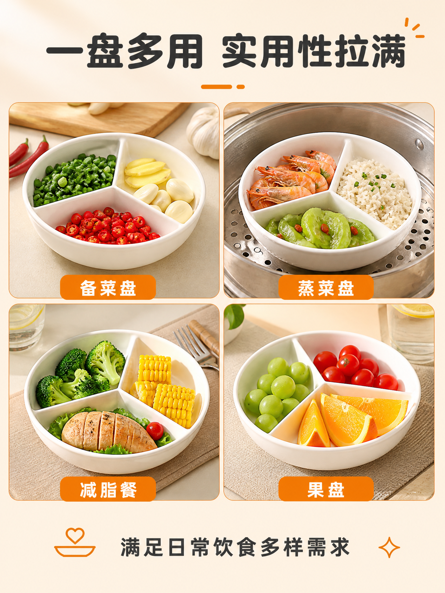 [商品] 使用【图8】【图9】的白色三格陶瓷盘；保留圆形三格分… - 图片创意预览
