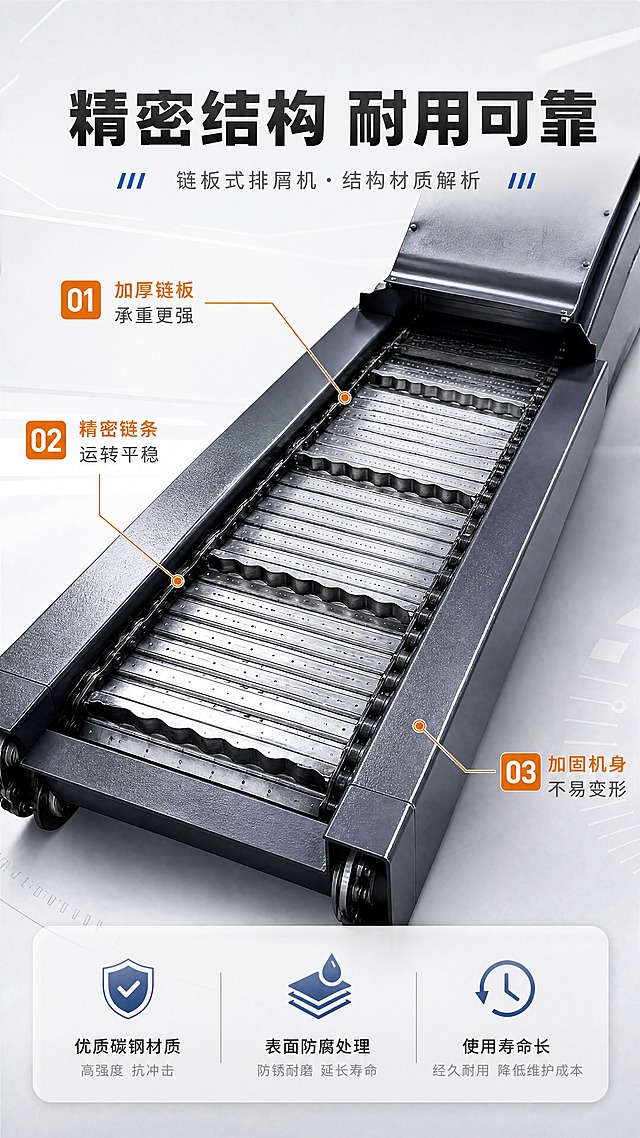 [商品] 使用【图2】【图4】链板式排屑机链板结构特写；保留链板金属材质、齿形结构、输送链条、机身侧板的真实结构与颜色；突出链板精密工艺与金属质感。
[画面] 页面目标：结构材质解析，证明产品用料扎实、工艺精良。构图：上下结构，上方标题，中部主图+局部标注，下方材质说明。主体位置：中部偏上，产品链板结构特写占画面约50%。摆放角度：俯视侧角，展示链板输送面与侧面结构。景别：特写+中景结合。阅读动线：从上至下，从中心向四周扩散。前中后景：前景链板特写，中景结构标注引线，背景浅灰渐变底。场景：简洁明亮的浅色工业背景，突出金属结构细节。
[视觉] 套系策略：风格=工业机械风专业商业摄影（浅色版）；标题字=粗黑无衬线工业字体；正文字=简洁无衬线体；主色=浅灰+工业蓝；背景延展=基于浅灰色做深浅层级、同色渐变和细腻哑光质感；强调色=亮橙色，仅用于小面积图标、引线和标签；标题色=深炭灰/工业蓝；正文色=中灰色；组件=白色信息卡、细线引线、工业风图标；光影=侧光突出金属纹理与立体感，链板金属反光清晰，浅色背景干净。
[文字] 顶部主标题「精密结构 耐用可靠」（8字）；链板图上用橙色引线标注3处核心结构：1.加厚链板 承重更强 2.精密链条 运转平稳 3.加固机身 不易变形。下方配材质说明文字：优质碳钢材质 表面防腐处理 使用寿命长。
[规格] 图片比例9:16竖版，4K分辨率，负向提示：避免变形、错字、文字过小、结构失真、颜色改变、深色背景、黑底、卡通风格。