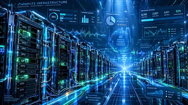 AI算力科技感封面图，主题为大规模GPU集群与算力利用率问题。画面中心是一个巨大的GPU服务器集群阵列，成百上千块GPU卡整齐排列，发出蓝绿色的科技光芒，但部分区域亮度不均、有暗区，暗示算力未跑满的状态。GPU之间有密集的互连线缆和数据流，但数据流呈现不均匀的流动状态。背景是深邃的科技蓝黑色调，带有算力网格、数据波形和利用率仪表盘的抽象元素，整体营造超算中心的宏大感与技术深度。风格炫酷、科技感强、视觉层次丰富，适合作为微信公众号AI算力技术类文章头图