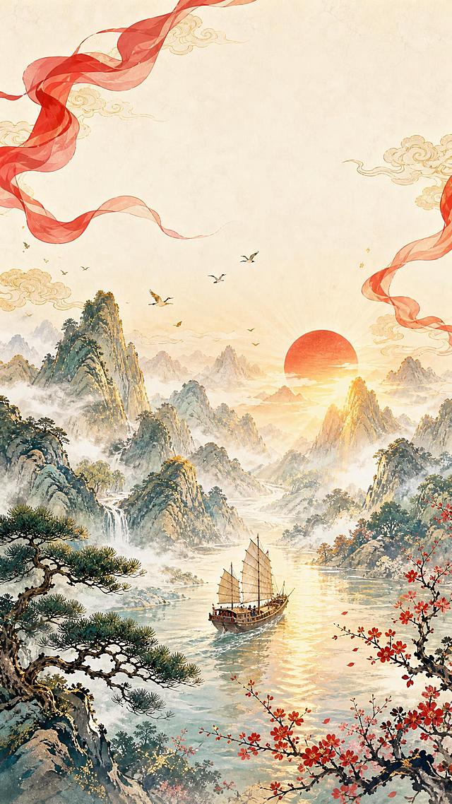 国风新中式工笔水彩风格底图，画面中央是壮丽的山河景象，一轮红日从东方群山间冉冉升起，金色阳光洒向大地，江面上一艘帆船正扬帆起航，远处层峦叠嶂云雾缭绕，近处有青松和盛开的红梅点缀，天空中飘着金色祥云和几只飞鸟，画面上方有飘逸的红色丝绸飘带随风舞动，背景是淡雅的米黄色宣纸质感，整体氛围朝气蓬勃、充满希望，寓意开工大吉事业蒸蒸日上，没有任何文字和二维码，纯画面底图，版式精美，构图均衡，四周留有安全边距