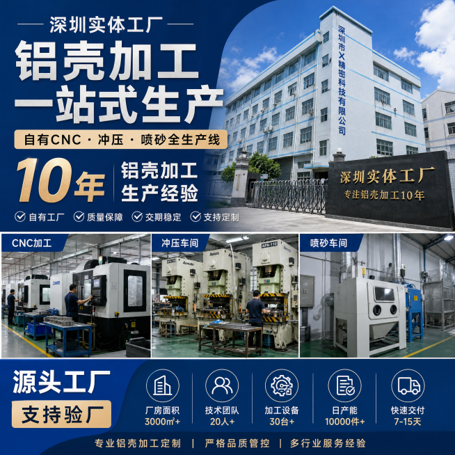 电商主图，展示深圳实体工厂，自有CNC、冲压、喷砂全生产线，突出10年铝壳加工生产经验，工厂实力风，适配爱采购平台，1:1比例预览效果
