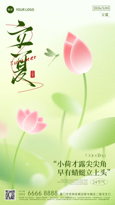立夏问候弥散渐变荷叶蜻蜓荷花背景竖屏手机海报预览效果