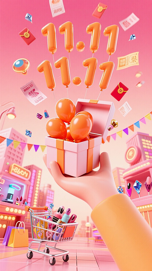 微缩的城市（热闹繁华，城市挂着彩带）中间是立着一只手向上托着微缩的打开的礼盒（礼盒里内部挤着一个“11.11”的橙色气球字，琳琅满目的美甲钻、美甲光疗灯、优惠券、购物券和红包从购物车内向上方扩散开），仰视角度，大透视，POV，粉橙配色