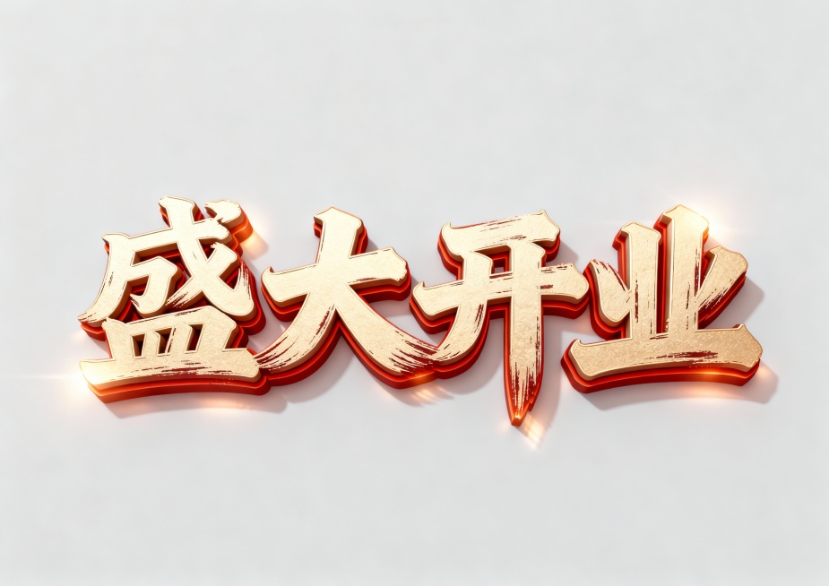 横板A4纸的尺寸，用强劲有力的毛笔字体书写“盛大开业”，并且要求字体有立体感预览效果