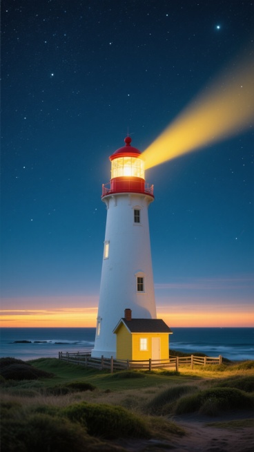 夜晚星空下的白色灯塔，顶部红色，塔顶发出明亮的黄色光束，灯塔底部有一座黄色小屋，周围是低矮的绿色植被和木制围栏，背景是深邃的蓝色夜空布满闪烁的星星，地平线处有渐变的橙黄色霞光，海面在远处隐约可见，写实风格，细腻的光影过渡，清晰的细节纹理，宁静而神秘的氛围。预览效果