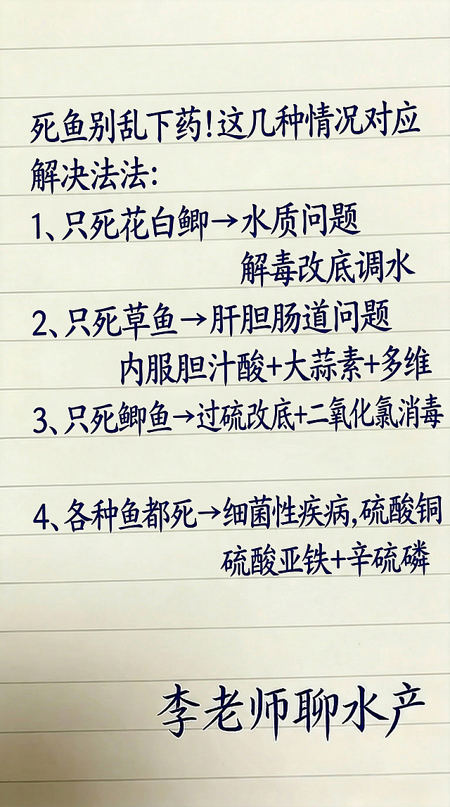 在浅米色带横线的笔记本纸张背景上，使用与参考图一致的深蓝色手写风格字体，替换文字内容为：“死鱼别乱下药!这几种情况对应解决方法: 1、只死花白鲫 → 水质问题 解毒改底调水 2、只死草鱼 → 肝胆肠道问题 内服胆汁酸+大蒜素+多维 3、只死鲫鱼 → 过硫改底+二氧化氯消毒 4、各种鱼都死 → 细菌性疾病, 硫酸铜 硫酸亚铁+辛硫磷 李老师聊水产”，排版布局合理，文字清晰，整体风格和参考图完全一致。