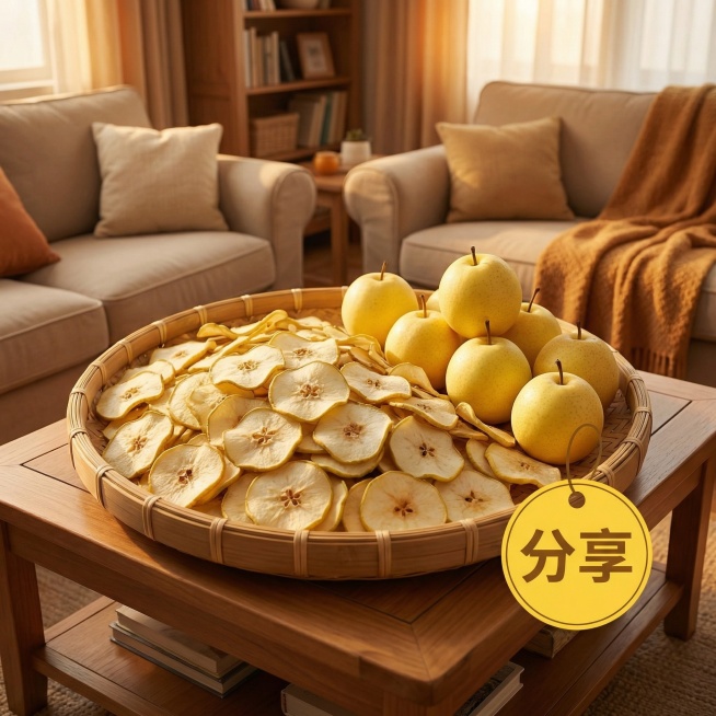 将背景替换为真实的家庭客厅场景，添加新鲜雪梨和传统竹匾元素，用暖光滤镜突出"大份量 家庭分享"卖点，搭配黄色"分享"标识预览效果