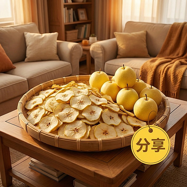 将背景替换为真实的家庭客厅场景，添加新鲜雪梨和传统竹匾元素，用暖光滤镜突出"大份量 家庭分享"卖点，搭配黄色"分享"标识