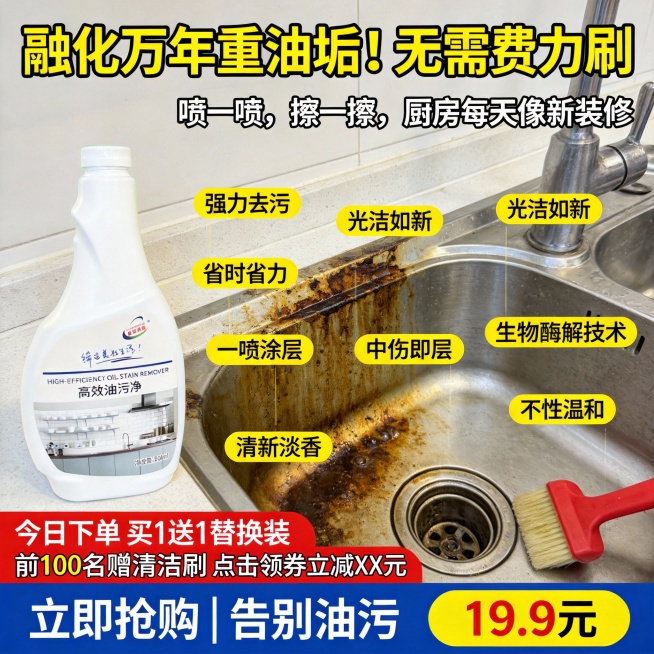 生成300张分别是100张抖音风格100张淘宝风格,100张拼多多风格不同场景的油污净电商主图，价格“19.9元”，比例1:1，文案内容:“融化”万年重油垢！无需费力刷，眼见为实的溶解力, 喷一喷，擦预览效果