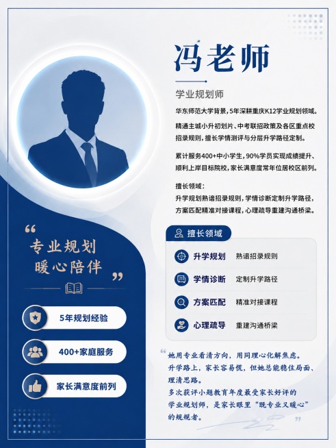 「图片1」参考这个设计风格男老师：

冯老师 · 学业规划师
华东师范大学背景，5年深耕重庆K12学业规划领域。精通主城小升初划片、中考联招政策及各区重点校招录规则，擅长学情测评与分层升学路径定制，精预览效果