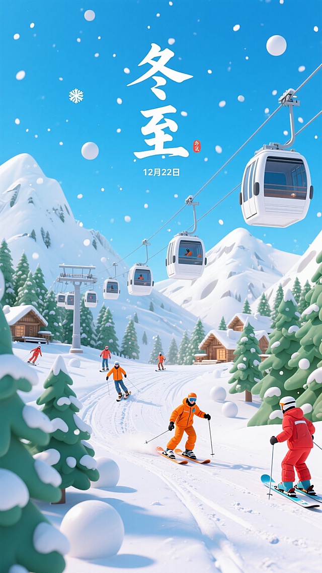 软3D风冬至海报，卡通感十足的滑雪场景，轻拟物与粘土风结合，营造清新梦幻的温馨氛围，人物生动有趣，展现节日欢乐。