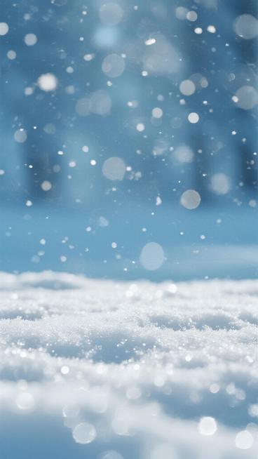 一张呈现出宁静冬日雪景氛围的背景素材，整体采用柔和的蓝白色调，画面由下至上呈现出从深蓝色向浅蓝色渐变的层次感。底部是覆盖着细密闪光白点的雪地表面，质感细腻，仿佛能看到无数细小的冰晶在微弱光线下闪烁。上方是模糊的雪景远景，散布着大小不一、边缘柔和的白色光斑和团状光晕，营造出轻盈的雪花飘落或雾气弥漫的朦胧效果。整体画面焦点模糊，没有具体的物体轮廓，只有纯粹的光影和色彩构成，光线柔和均匀，没有明显的……预览效果