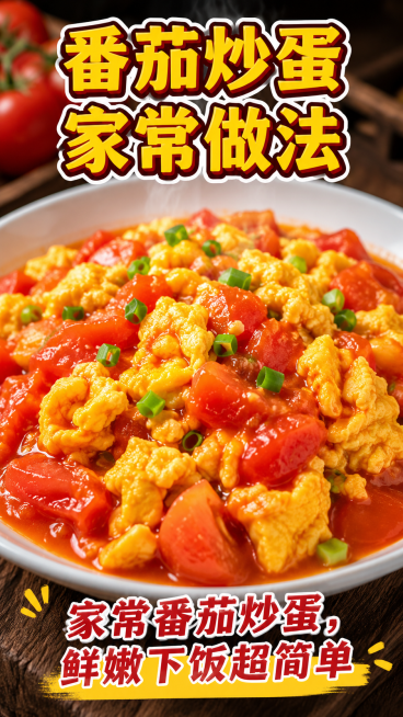 美食菜谱封面图，画面上方显示文字"番茄炒蛋家常做法"，下方显示文字"家常番茄炒蛋，鲜嫩下饭超简单"，背景是一盘刚出锅的番茄炒蛋实拍图，红黄色泽分明，家常风格，开胃诱人预览效果