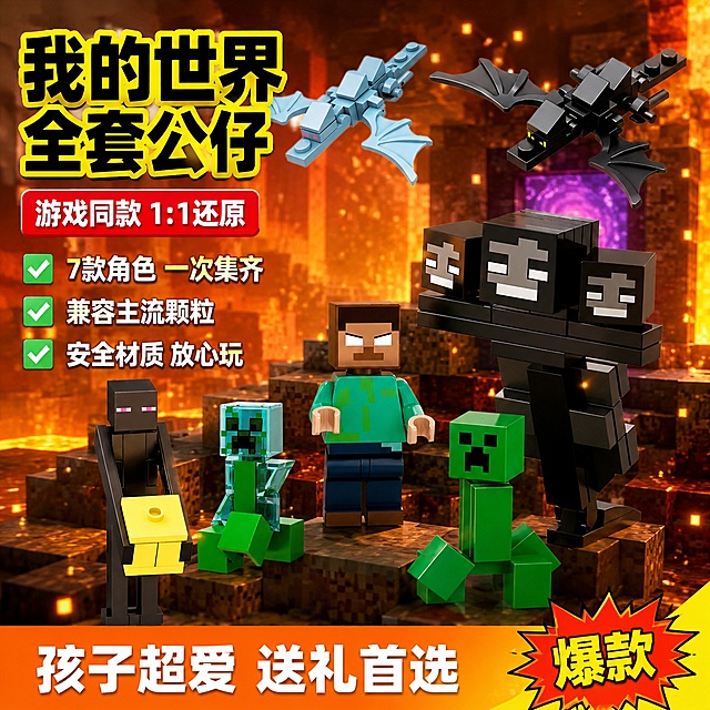 拼多多风格我的世界公仔积木主图首图，游戏同款多角色组合爆款吸睛图。画面氛围：像素游戏风+高性价比爆款感，暖橙渐变游戏场景背景，有像素方块熔岩、下界传送门光效、漂浮像素粒子，营造我的世界游戏沉浸式氛围。画质：商业电商摄影质感，产品清晰锐利，色彩饱和有冲击力，画面干净有层次。元素：画面中央偏右区域完整展示我的世界积木公仔全家福，包含史蒂夫、末影人、苦力怕、透明闪电苦力怕、凋灵、蓝龙、末影龙共7款角色积木人仔，呈错落有致的陈列布局，角色大小有层次，前方苦力怕和史蒂夫略大突出，后方末影龙和凋灵展开翅膀增加气势。保持所有公仔外观（物理结构、积木颗粒质感、颜色、角色造型）与输入产品图完全一致，杜绝任何变形和色差，精细化处理每一块积木颗粒。商品主体整体占比约65%。光影：暖橙色主光从右上方打下来，角色积木有清晰的受光面和暗部，颗粒边缘有高光，底部有柔和投影，立体感强，背景有像素光效点缀。配色：主色调暖橙+像素黄，辅助色苦力怕绿、末影人黑、史蒂夫蓝绿，高饱和强对比。视角构图：平视微仰视，主体居中偏右，左侧留出大面积负空间放文案，景深中等，背景虚化突出主体。文字版式：左侧负空间左对齐大字排版，拼多多风格直白醒目。最上方超大号粗体黑字带黄边描边主标题："我的世界 全套公仔"，下方稍小红底白字标签："游戏同款 1:1还原"，再下方三行卖点短句，每行前面加绿色小方块图标："✅ 7款角色 一次集齐""✅ 兼容主流颗粒""✅ 安全材质 放心玩"。底部通栏橙黄渐变底，白色粗体大字："孩子超爱 送礼首选"，右侧加个小爆炸贴写"爆款"。文字全部清晰可读，不遮挡公仔主体。输出要求：1:1正方形比例，文字清晰锐利，超高清电商主图质感。负向提示：变形，文字错乱，产品模糊，背景杂乱，水印，电商平台Logo，多余的手，畸形肢体。
