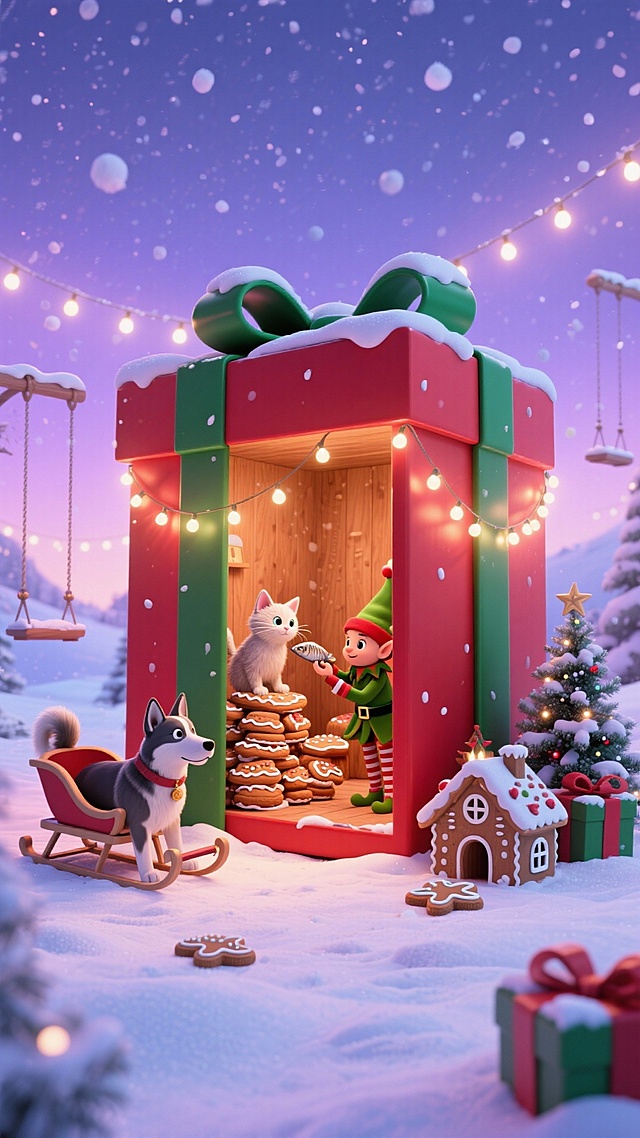 覆雪缀丝带的巨型红绿礼盒立体场景：内部木质空间里，圣诞小精灵正给小猫递小鱼干，串灯绕盒壁、旁堆姜饼屋；外部左侧雪橇犬守礼物，右侧摆着迷你圣诞树。背景浅紫渐变夜空飘泡沫雪，远处亮灯秋千错落。