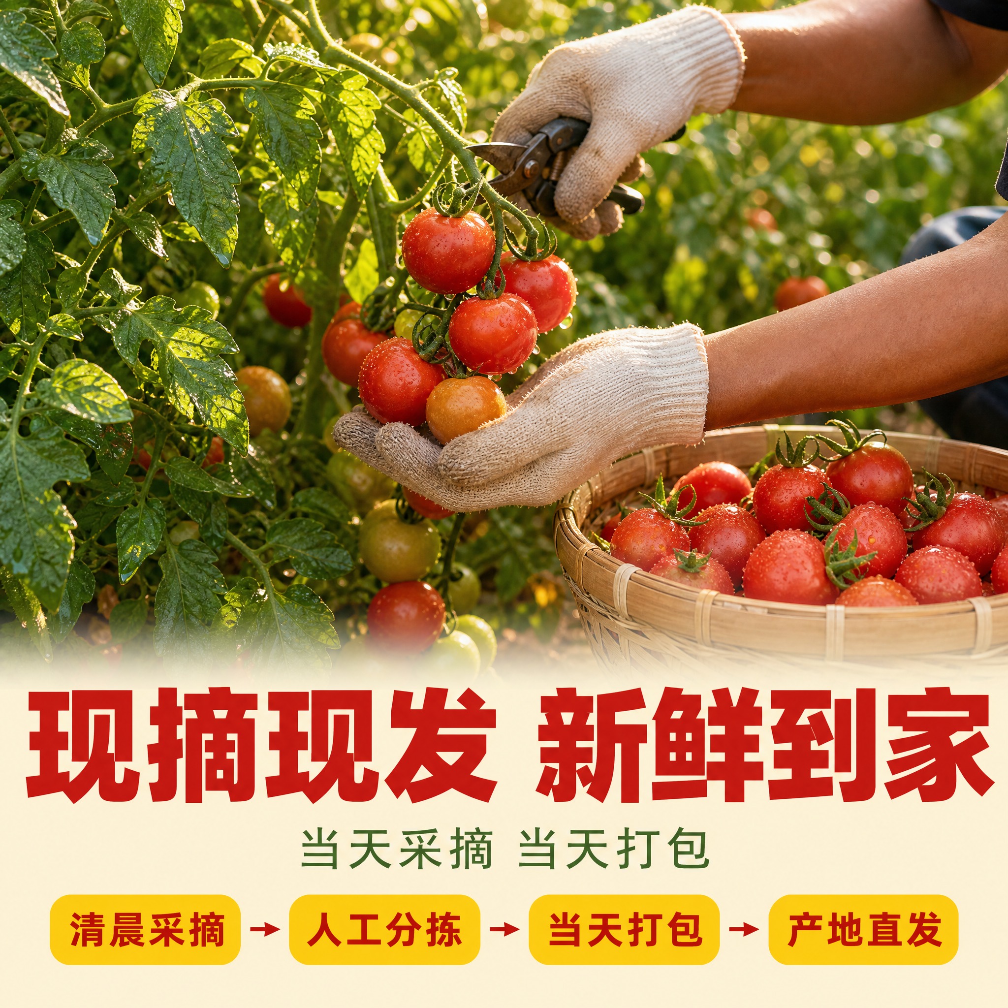 [主图-7] 商品名称「云南新鲜番茄」。主题与唯一任务：从枝头… - 图片创意预览