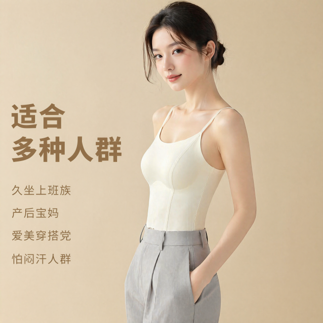 [主图-2] 奶白色美背吊带背心侧面展示穿搭图
[氛围风格] 高级感，松弛感，柔和时尚摄影光，简约生活化场景
[画质] 商业摄影质感，光线柔和通透，产品清晰真实，画面干净高级
[元素] 和主图1为同一预览效果