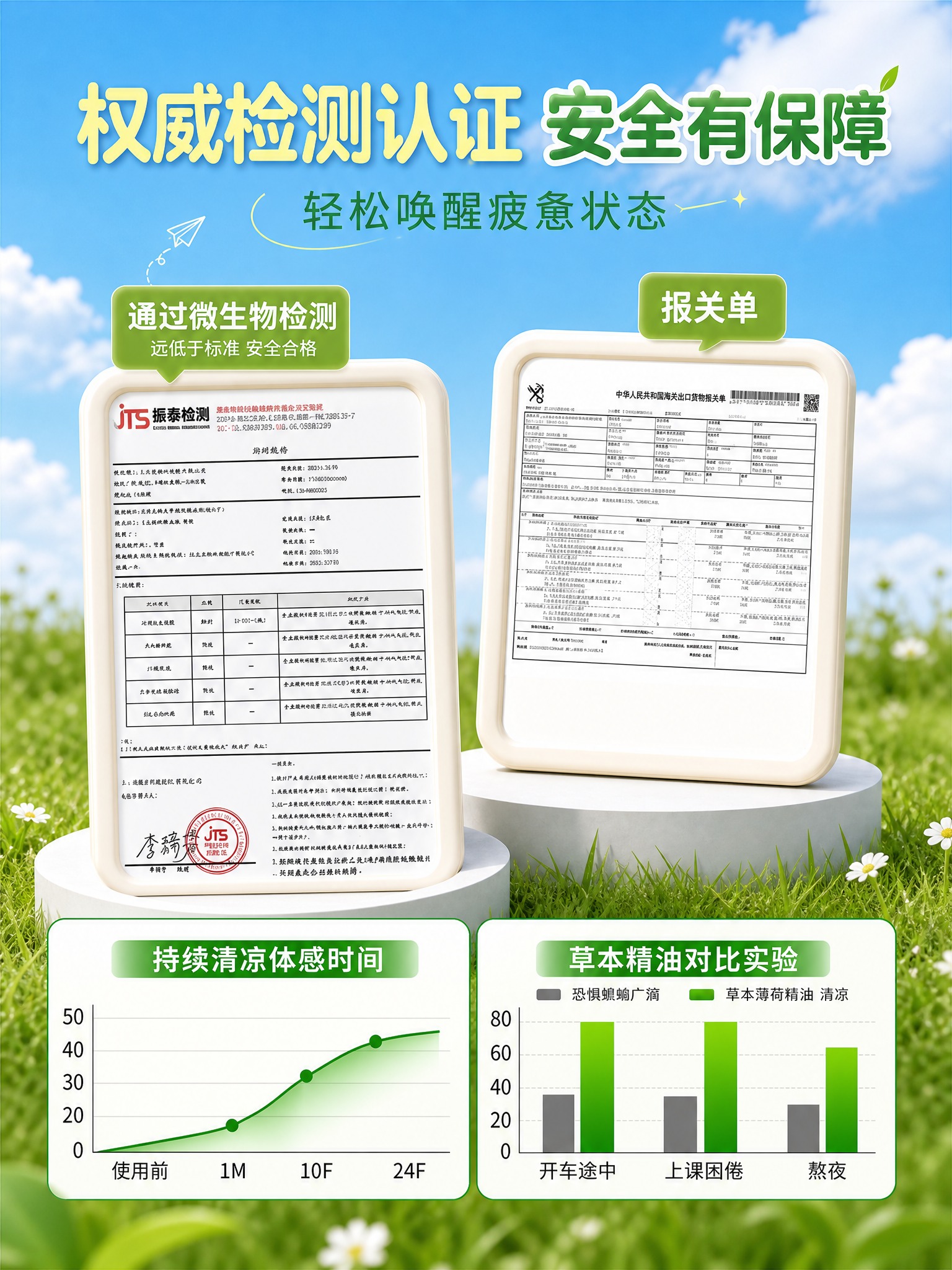 基于图二参考图进行修改：在证书和报关单的下方、草地背景区域，添… - 图片创意预览