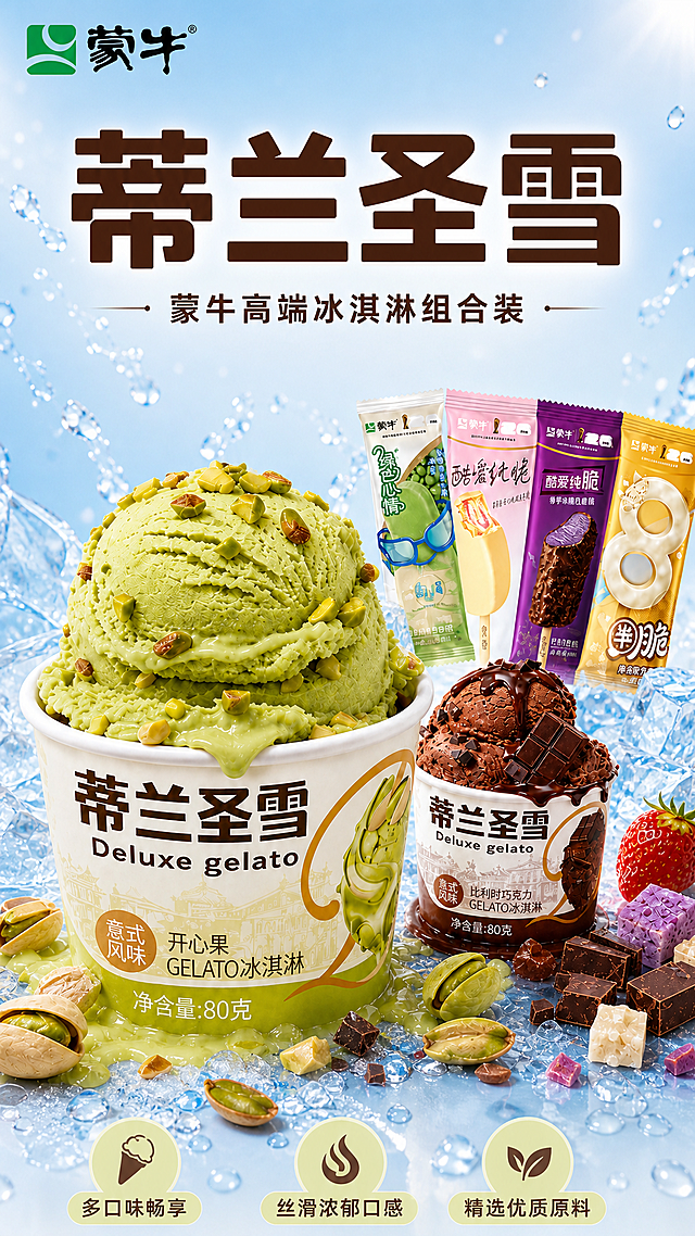 [第1屏] 详情页头图-蒂兰圣雪蒙牛高端冰淇淋组合装宣传海报。
[氛围/风格] 清新冰爽食欲风，浅蓝冰感背景，浅米黄配深棕配色，商业摄影质感，画面干净通透，突出高端品质。
[元素布局] 以用户提供的商品图为基础，保持开心果口味冰淇淋杯和巧克力口味冰淇淋杯的物理结构、材质质感、颜色与原图一致。将两杯冰淇淋放置在画面中偏下位置，占据画面主体65%-70%。周围环绕散落开心果、巧克力块、草莓块、冰块和水珠，前景添加半颗开心果和巧克力碎作为点缀，背景使用浅蓝色渐变，上方保留充足标题区域，整体无边框满铺。
[光影质感] 顶部柔和主光照亮冰淇淋表面，突出奶油纹理，冰块和水珠带有清晰高光折射，整体明暗层次分明，产品边缘清晰真实，呈现冰爽凉意。
[配色色系] 全局底色：#F5F0E1（浅米黄）；主体配色：#88C057（开心果冰淇淋绿）+#4A2B0F（巧克力棕）+#3498db（背景浅蓝）；辅助色：#5D4037（标题深棕）+#FFFFFF（文字白）。
[视角构图] 正面平视，主体冰淇淋位于画面中下部，产品完整呈现，上方预留标题区域，底部用信息条承接卖点，背景干净有高级商业设计感。
[文字版式] 标题字体采用圆角粗黑体，正文字体同家族无衬线；字色仅使用深棕和白色两种，标题使用纯色填充；上方顶部：左上角放蒙牛绿色logo，居中主标题「蒂兰圣雪」深棕色粗体，字号为画面宽度12%，副标题「蒙牛高端冰淇淋组合装」深棕色，字号约为主标题30%。底部横条放置三个卖点图标：「多口味畅享」「丝滑浓郁口感」「精选优质原料」，每个卖点配浅绿色圆角色块背景，深棕色文字。文字不遮挡主体冰淇淋。
[比例分辨率] 9:16 竖版比例，2K分辨率，文字清晰可辨，超高清。
[负向提示词] 冰淇淋变形，颜色偏差，水印，文字错乱，产品图模糊，背景杂乱，文字遮挡产品。