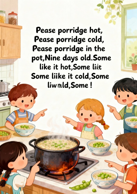 请制作A4竖版儿童卡片 1：
Pease porridge hot,
Pease porridge cold,
Pease porridge in the pot,
Nine days old.
So预览效果