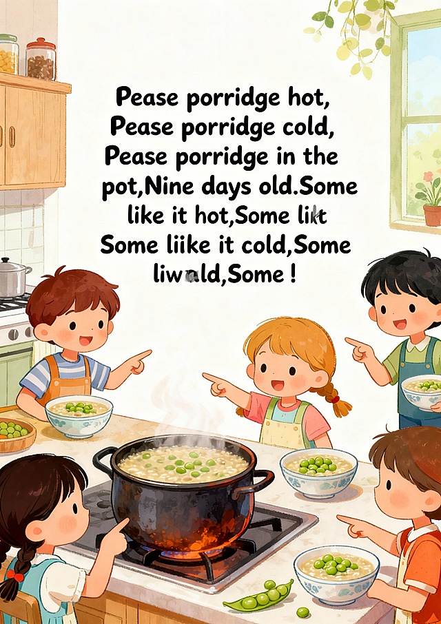 请制作A4竖版儿童卡片 1：
Pease porridge hot,
Pease porridge cold,
Pease porridge in the pot,
Nine days old.
Some like it hot,
Some like it cold,
Some like it in the pot,
Nine days old.
根据描述的场景配图和文字
第一行是题目需要单独配图
再把每行文字配图和文字（每行独立成页）
最后把所有文字按场景再做一张整体并包含全部文字的图。
