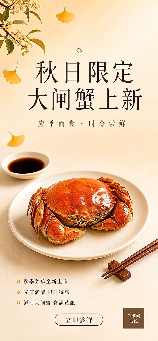 一张秋日大闸蟹应季上新的全屏竖版餐饮促销海报，极简新中式风格，简约高级，留白充足。画面中央偏下位置是一只肥美饱满的清蒸大闸蟹，蟹壳金红透亮，放置在素白陶瓷圆盘上，旁边仅有一小碟香醋和一双木筷，简洁干净。背景为浅米色到暖杏色的柔和渐变，左上角点缀几片稀疏的银杏叶和一枝桂花，右下角有少量留白，整体克制雅致。顶部居中主标题大字："秋日限定 大闸蟹上新"，字体为纤细优雅的宋体，深棕色。主标题下方小字副标题："应季而食 · 时令尝鲜"，浅棕色。中下部有三行简洁的文字信息，左对齐排列："秋季菜单全新上市""充值满减 限时特惠""鲜活大闸蟹 膏满黄肥"，每行前有一个细小的金色圆点。底部居中是一个细边框的圆角矩形按钮，内文"立即尝鲜"，深棕色细线条。右下角有二维码占位符（纯色方块中央标注"二维码占位"文字），尺寸小巧不突兀。整体版式极简克制，大量留白，色彩仅米白、暖杏、金棕、蟹红四色，高级质感，商业摄影级画质，超高清。画面中所有信息区域必须填充完整合理的内容，不得出现空白框或待填写区域。画面中所有二维码区域使用纯色方块占位符呈现，方块中央标注"二维码占位"文字，严禁生成任何可识别的二维码图案。