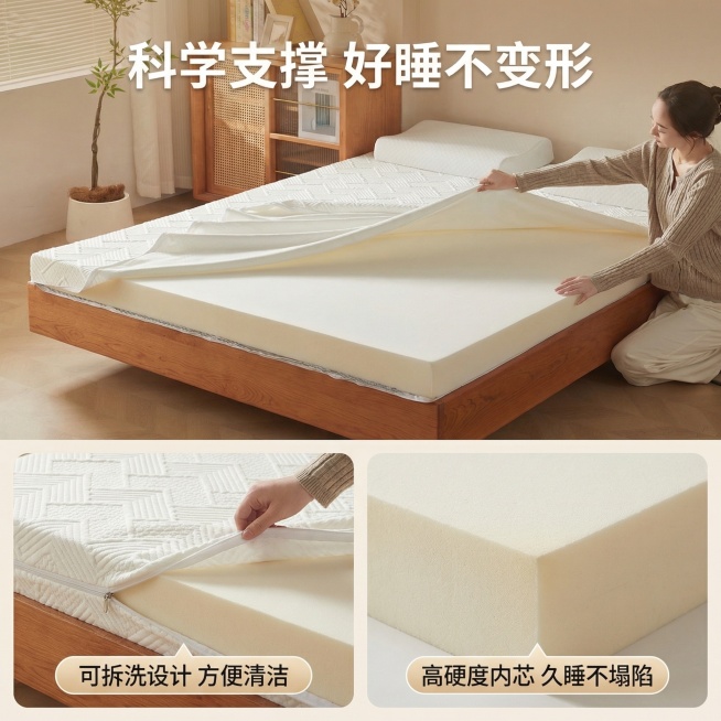 保持原产品外观一致，采用上下分屏信息流布局。上部保留产品完整卧室场景，展示床垫整体外观，悬浮主标题“科学支撑 好睡不变形”。下部双格拼图，左侧展示拉开拉链取下外罩的细节，右侧展示内部高密度回弹内芯特写预览效果