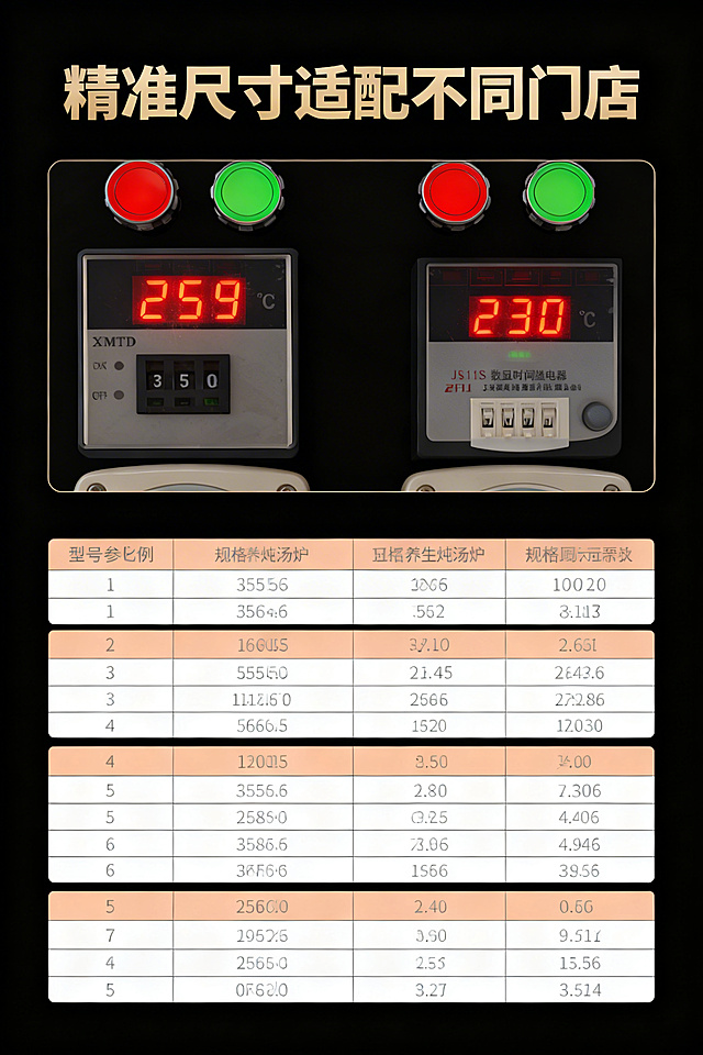 商用养生炖汤炉规格参数详情图，风格简介大气高端，深色雅黑背景，上方放置产品控温面板细节实拍图，下方展示接下来5组型号规格参数表格，表格清晰工整，保留原有表格的浅橙白配色，文字清晰可辨，排版简洁，主标题为“精准尺寸适配不同门店”，加粗无衬线浅金色字体放在顶部，整体为2:3比例，符合抖音详情图展示要求