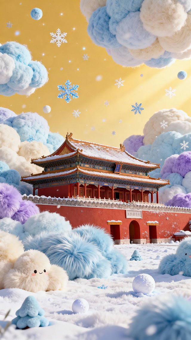 梦幻感与可爱感交织的3D软毛绒世界，传统宫殿在雪中萌化，毛发生长风营造虚拟自然，节日氛围温暖如春。