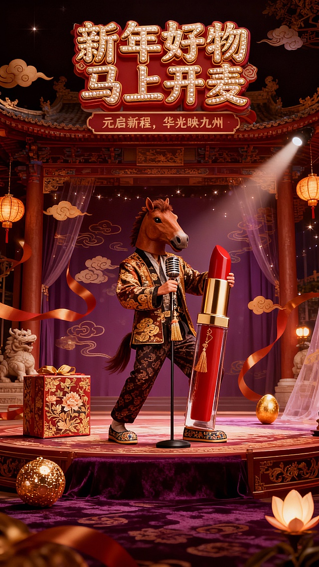 国潮风融合拟人化马形角色，身着华丽中式服饰，手持巨型口红与麦克风，舞台布景鎏金浮雕，喜庆奢华，综艺感十足，传递新年好物开麦迎新意。