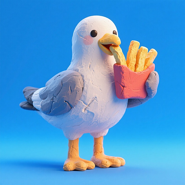 一只吃着薯条的海鸥符号，海鸥全身，蓝色背景，高纯度配色方案