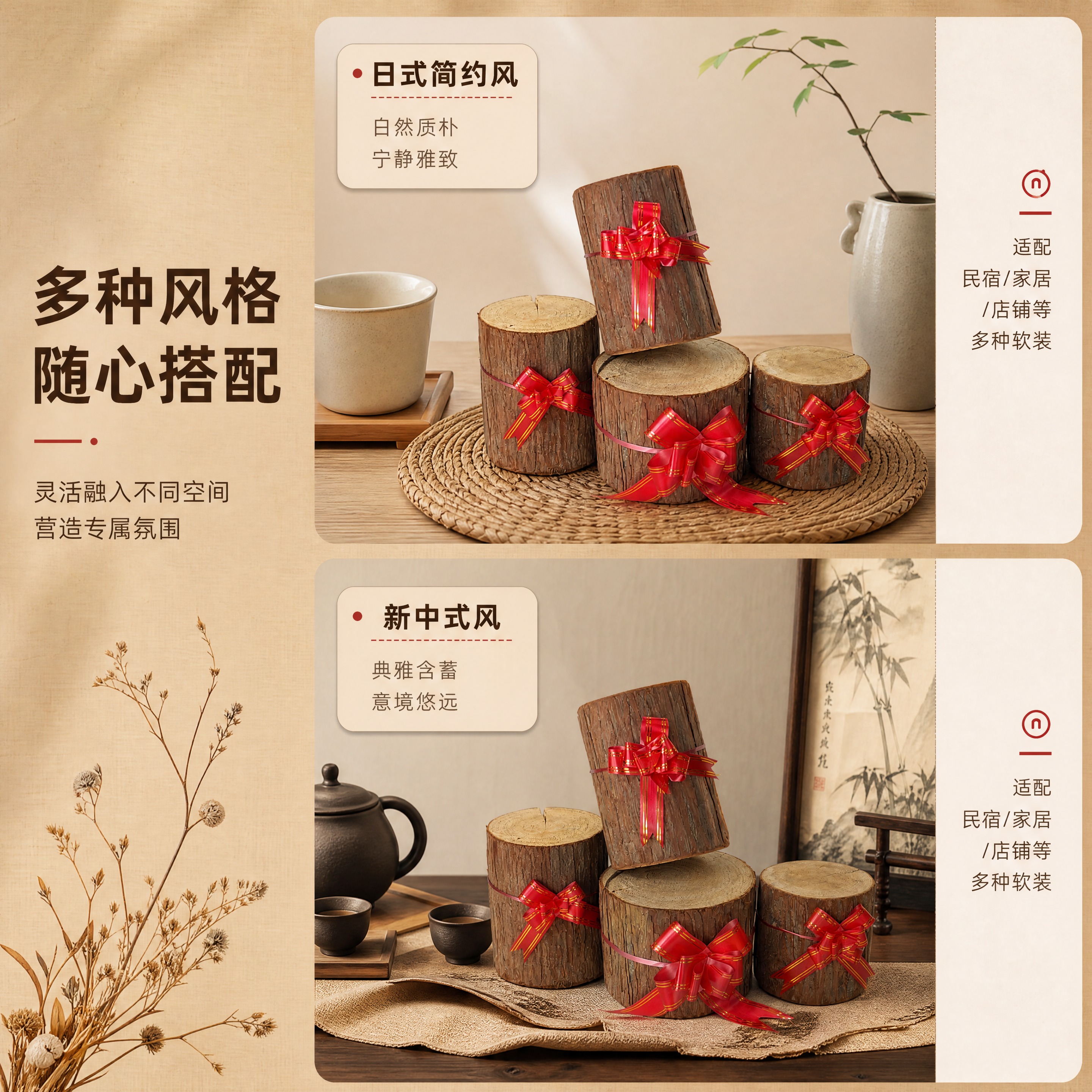[商品] 使用【图5】杉墩木段配红绳花多款组合；保留各款木段的… - 图片创意预览