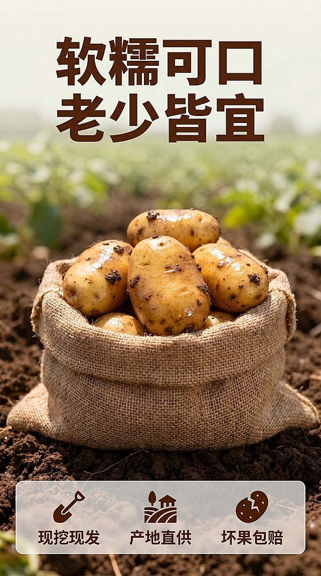 [主图 5] 服务承诺收尾转化图
[氛围风格] 自然原生态农耕风，真实田园氛围感
[画质] 商业摄影质感，光线柔和通透，产品清晰真实，画面干净高级
[元素] 整袋包装好的新鲜土豆放置在前景，背景虚化田园风光，保持土豆外观和参考图产品一致，杜绝变形色差。画面底部留出服务承诺区域，整体构图干净饱满，商品主体占比约60%，满屏无边框。
[光影] 自然柔和日光，整体光影统一，产品清晰突出。
[配色] 延续绿褐自然配色方案，整套主图风格一致。
[视角构图] 平视视角，产品居中稳定，视觉舒适。
[文字版式] 顶部主标题 "软糯可口 老少皆宜" 深褐色粗体，底部半透明悬浮条横向排列服务承诺：「现挖现发」「产地直供」「坏果包赔」，图标搭配文字，对比清晰，不遮挡产品主体。
[比例分辨率] 9:16 比例，2k 分辨率，文字清晰可辨，超高清。
[负向提示词] 变形，水印，文字错乱，产品图模糊，背景杂乱，过度修饰