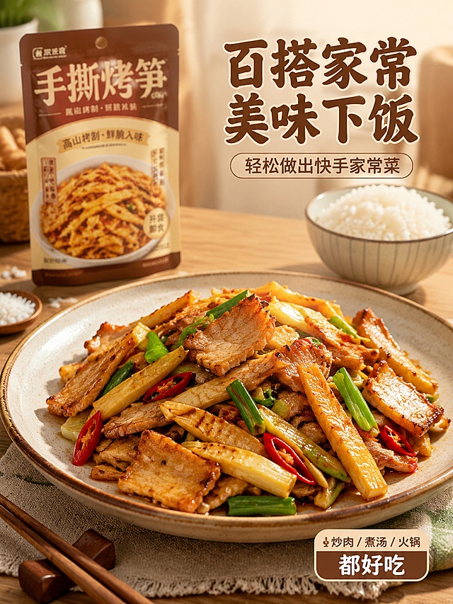 [第6屏] 详情页食用场景屏-展示烤笋炒肉家常吃法。本屏使用【图1】产品作为搭配展示。
[氛围/风格] 家常烟火气，暖调温馨厨房场景，真实美食摄影，食欲感满满。
[元素布局] 中心展示一盘做好的烤笋炒肉，烤笋和肉片清晰分明，占比约65%；左上角放置产品包装作为标注，搭配米粒和餐具作为装饰。
[光影质感] 暖调室内灯光，食物表面油亮有光泽，阴影柔和，营造温馨下饭氛围。
[配色色系] 全局底色 #F9F6F0，主色暖棕调，辅助色深棕色文字。
[视角构图] 平视餐桌视角，中心聚焦成品菜，氛围感强。
[文字版式] 上方标题「百搭家常 美味下饭」，副标题「轻松做出快手家常菜」，暖棕色圆角字体，右下角标注"炒肉/煮汤/火锅都好吃"，文字清晰不遮挡菜品主体。
[比例分辨率] 3:4 竖版比例，4K分辨率，文字清晰可辨，高清画质。
[负向提示词] 食物变质，颜色怪异，文字遮挡主体，文字模糊，水印