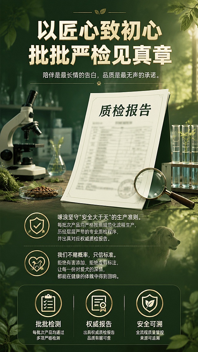[质检报告信任屏] 啄浪犬粮详情页质检报告信任背书屏。延续森系深绿整体基调，融合实验室严谨氛围。

[氛围/风格] 森系自然+实验室严谨感结合，深绿底色，温暖自然光与实验室冷光交融，专业可信的品质感，与整套详情页风格统一。
[元素布局] 顶部大标题区：主标题「以匠心致初心 批批严检见真章」，粗体大字，米白色带暖黄描边；下方副文案「陪伴是最长情的告白，品质是最无声的承诺。」，细体米白色；中间偏右位置：一张质检报告文件斜放展示，报告上「质检报告」四个大字清晰可见，内部具体数据模糊处理（不显示具体数值），报告有纸张质感和轻微阴影；报告周围有实验室元素点缀：显微镜、培养皿、试管、放大镜等小图标/小物件；背景是模糊的实验室环境（实验台、玻璃器皿、柔和灯光），叠加森系树叶和光斑装饰；底部有三段品牌承诺文字，配三个圆形图标。
[光影质感] 整体柔和均匀光，质检报告受光突出有立体感，实验室背景虚化有层次，温暖与专业感平衡。
[配色色系] 全局底色深森林绿#2D4A2E渐变，融入实验室冷调蓝绿；主色米白#F5EFE0 + 暖黄#E8C070；辅助色实验室浅蓝#A8C0D0 + 深棕#5C4033。
[视角构图] 上下分区+左右错落，阅读动线顶部大标题 → 中部质检报告主体 → 底部三段承诺文字。
[文字版式] 顶部主标题「以匠心致初心 批批严检见真章」，粗黑体米白色，字号大醒目；副标题「陪伴是最长情的告白，品质是最无声的承诺。」，细体米白色；
正文分三段：
第一段：「啄浪坚守"安全大于天"的生产准则。每批次产品均严格按照规范化流程生产，历经层层严苛的专业质检程序，并出具对应权威质检报告。」
第二段：「我们不赌概率，只信标准。拒绝有害添加，拒绝虚假标注，让每一份对爱犬的深情，都能在健康的体魄中得到回响。」
底部三个圆形图标卖点：「批批检测」「权威报告」「安全可溯」，每个图标配简短说明；
质检报告文件上「质检报告」四个字清晰，内部数据模糊处理。
[比例分辨率] 9:16竖版比例，4K分辨率，文字清晰可辨，高清画质。
[负向提示词] 具体质检数据清晰可见，二维码，条形码，水印，极端词，医疗化表述，文字错乱，实验室元素过于冰冷与森系冲突。