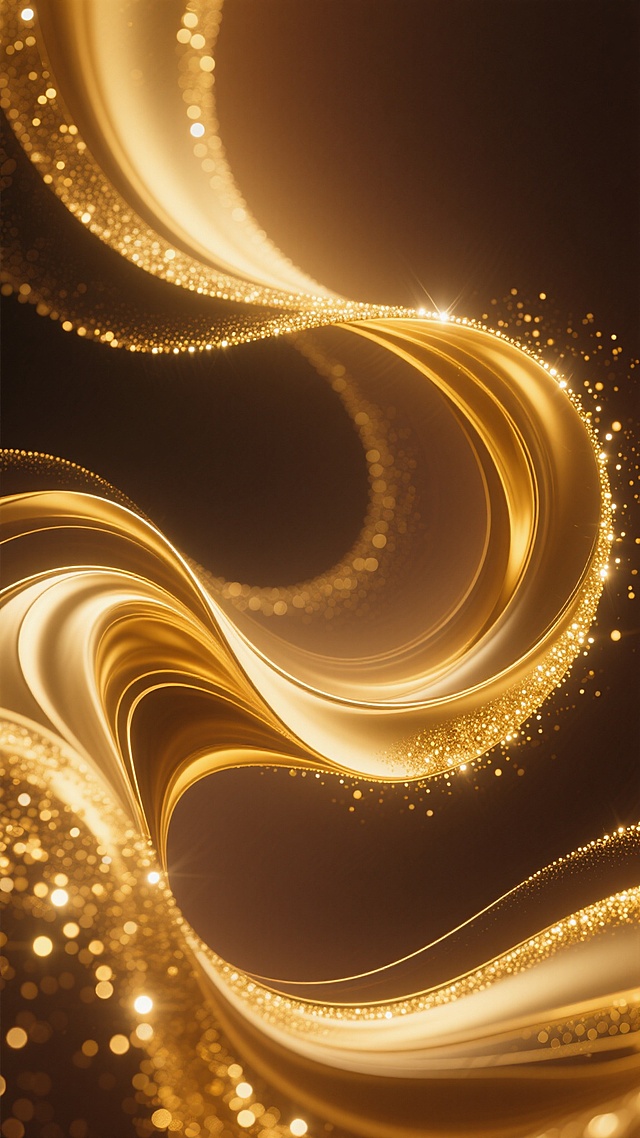 金色渐变背景，具有流动感的波浪线条，线条边缘有闪亮的光点，整体呈现出奢华、高端的视觉效果，采用不同样式的曲线形态，搭配金色与深棕色的渐变过渡，营造出神秘而优雅的氛围，画面中充满动感与光泽感，光影交错形成丰富的层次感，金色的粒子点缀在曲线周围，增添了画面的精致度与梦幻感，整体风格偏向现代抽象艺术，展现出独特的视觉魅力。