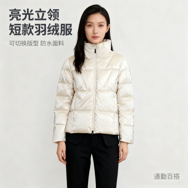 [主图 1] 亮光米白色立领女短款羽绒服通勤主图
[氛围/风格] 高级质感通勤风，柔和时尚摄影棚拍，简约干净，突出产品高级感
[画面元素] 保持原产品颜色和外形不变，一位年轻亚洲女性模特（身高165左预览效果