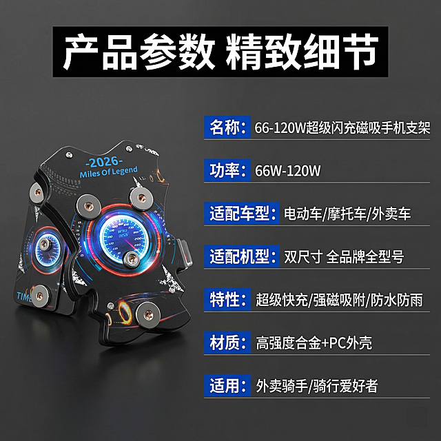 [主图 5] 产品完整规格参数精致展示主图
[氛围/风格] 简约精致信息风，清晰易读
[画面元素] 商业摄影质感，光线柔和通透，产品清晰真实，画面精致高级。保留产品本身配色不变，产品放在画面左侧，右侧排版详细参数信息，背景为纯深灰色干净精致。产品结构形状保持不变。
[配色色系] 保留产品原有黑蓝红配色，文字黑白蓝对比清晰，精致干净
[视角构图] 左产品右信息对称排版，精致规整
[文字版式] 顶部通栏大标题“产品参数 精致细节”白色粗体大字黑底；右侧竖向排列参数条目：
名称：66-120W超级闪充磁吸手机支架
功率：66W-120W
适配车型：电动车/摩托车/外卖车
适配机型：双尺寸 全品牌全型号
特性：超级快充/强磁吸附/防水防雨
材质：高强度合金+PC外壳
适用：外卖骑手/骑行爱好者
每条参数名称用蓝色粗体，内容用白色常规字，排版整齐精致清晰。
[比例分辨率] 1:1 比例，2K 分辨率；文字清晰可辨，超高清。
[负向提示词] 变形，水印，文字错乱，产品模糊，背景杂乱，更改产品本身配色