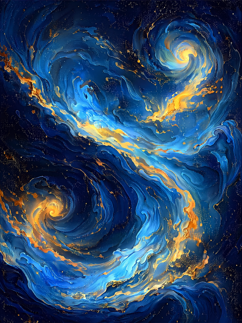 抽象艺术背景场景，保留参考图深蓝色+鎏金+青蓝色流动纹理风格，采用油画厚涂质感，卷曲的流动海浪涡旋造型，点缀金色亮片星点；保留参考图的深邃蓝调搭配暖金撞色的色彩体系，光影氛围保留参考图的深邃星空感，主预览效果