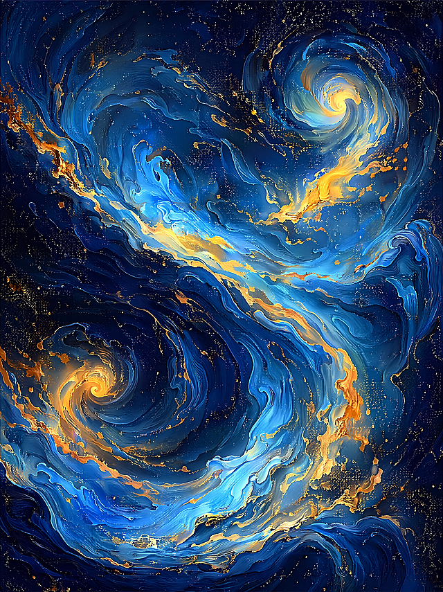 抽象艺术背景场景，保留参考图深蓝色+鎏金+青蓝色流动纹理风格，采用油画厚涂质感，卷曲的流动海浪涡旋造型，点缀金色亮片星点；保留参考图的深邃蓝调搭配暖金撞色的色彩体系，光影氛围保留参考图的深邃星空感，主光保留偏暗背景下局部暖金高光的效果，产品受光面泛起暖金色、暗部映射深蓝光晕，与环境物理融合。全量换款：①背景纹理：参考图三段横幅相同布局 → 生成单张竖版背景，整体保持流动卷涡造型但更换不同卷曲走向，所有波浪纹理换全新造型；②金色晕染：参考图局部暖金 → 生成图保留局部高光但更换晕染形状与位置。消除图片上原有文字，保留整体通透流动质感。4K分辨率，严格锁定宽高比为 3:4