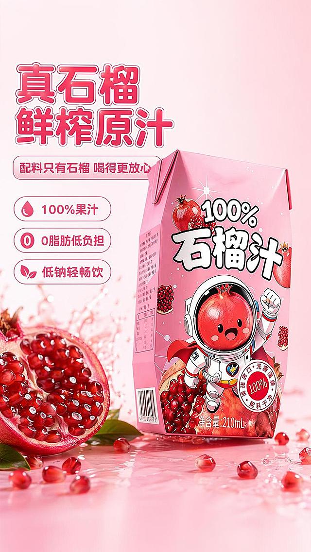 [第1屏] 详情页头图-100%纯石榴汁产品宣传海报。本屏使用【图1】作为商品主体。
[氛围/风格] 新鲜活力食欲风，柔和自然光感，商业饮品摄影质感
[元素布局] 粉色利乐包装产品置于画面偏右侧，占比约70%，左侧摆放新鲜切开的石榴果实作为前景装饰，散落红色石榴籽，背景做浅粉色渐变晕染，产品包装结构、颜色、文字与输入图保持完全一致
[光影质感] 左侧柔光打亮产品主体，右侧自然投影，保留包装高光细节，整体画面通透明亮
[配色色系] 全局底色 #FFF5F8；主色：粉红渐变；辅助色：石榴鲜红、白色文字
[视角构图] 正面微仰视视角，产品为绝对视觉中心，阅读动线左侧标题→主体产品→底部信息
[文字版式] 版式为左标题+右产品+底部信息条，主标题「真石榴鲜榨原汁」，副标题「配料只有石榴 喝得更放心」，圆角粗体字左对齐，底部用三个胶囊信息框分别标注「100%果汁」「0脂肪低负担」「低钠轻畅饮」，文字清晰不遮挡主体产品
[比例分辨率] 9:16竖版比例，4K分辨率，文字清晰可辨，高清画质
[负向提示词] 产品包装变形，颜色偏差，文字错乱，缺件错件，背景杂乱，水印