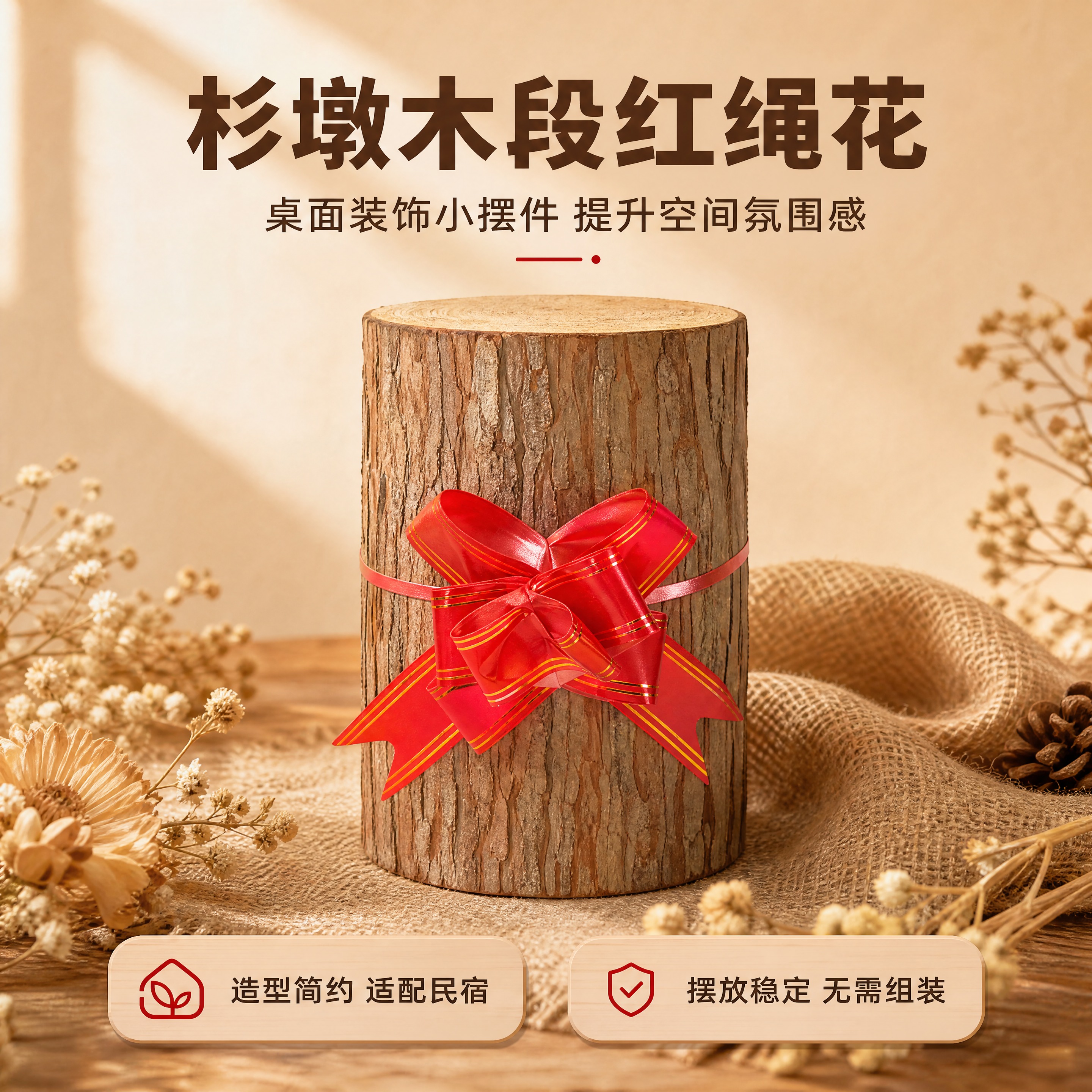 [商品] 使用【图1】杉墩木段配红绳花桌面装饰摆件；保留圆柱形… - 图片创意预览