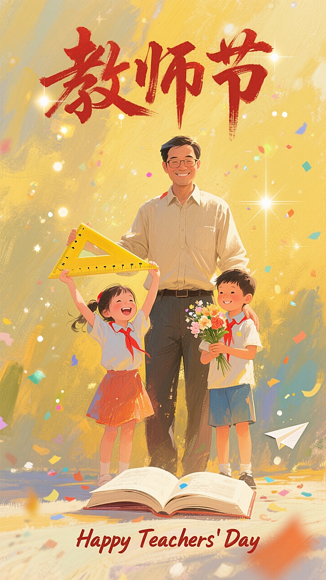 金色背景，师生温情定格成最暖的节日画卷。