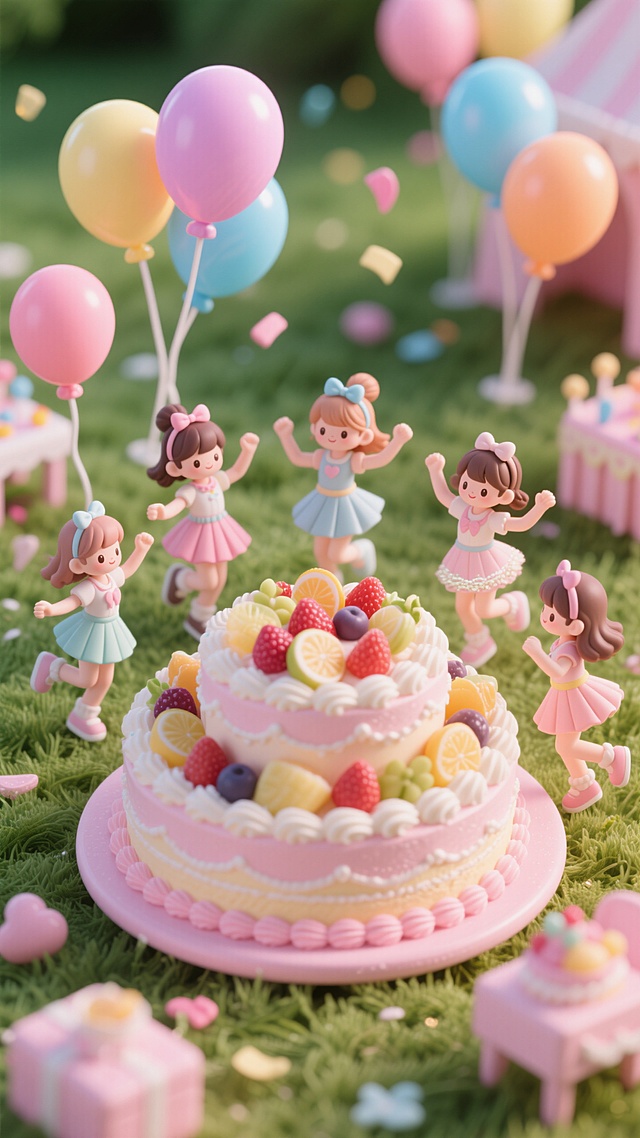 几个迷你时尚女孩围着一个巨大的蛋糕跳舞，背景是草地上的气球派对，画面整体呈现粉色调