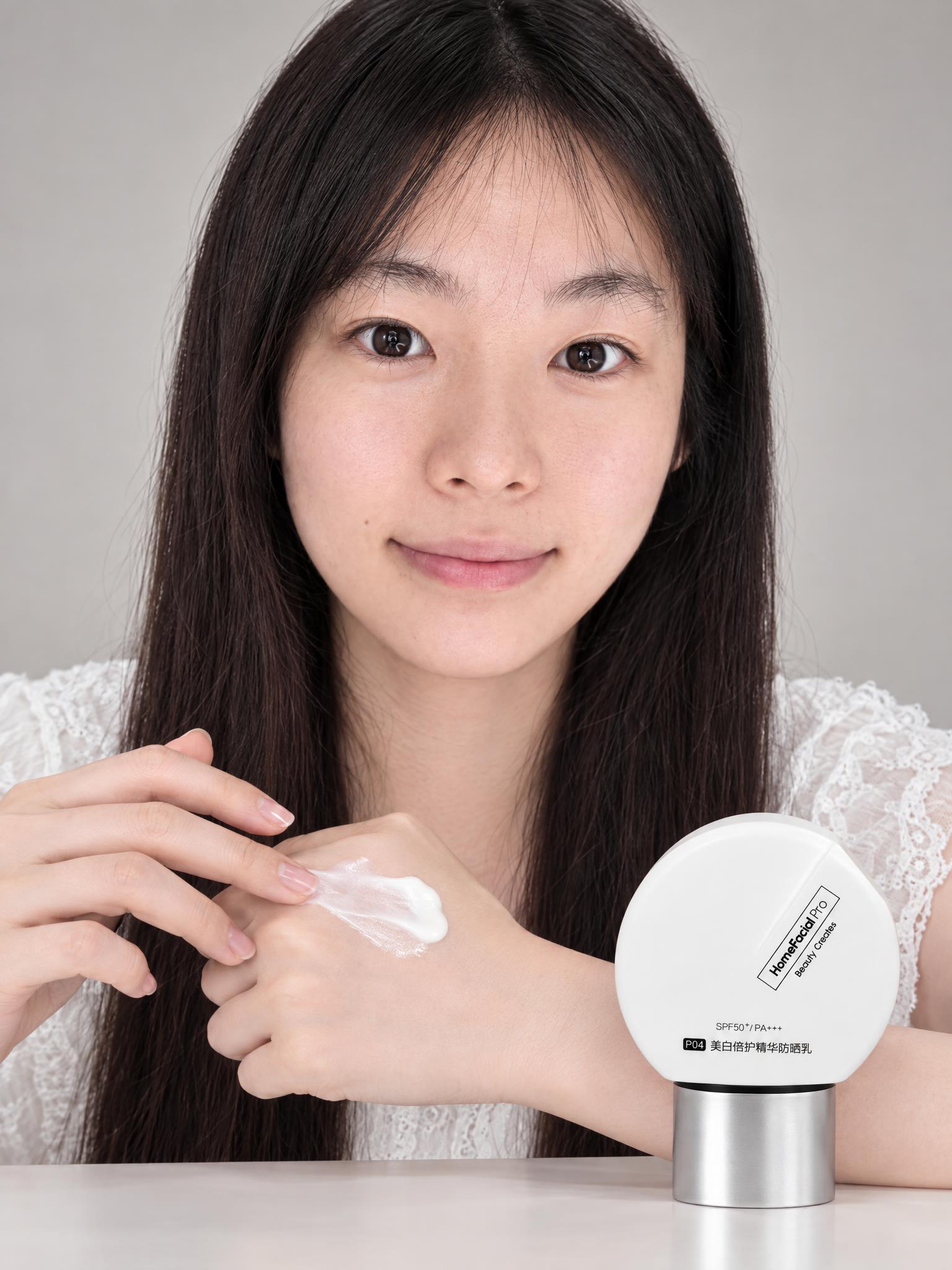 专业美妆产品棚拍，年轻东亚女性模特，黑色长直发带空气刘海，面容… - 图片创意预览