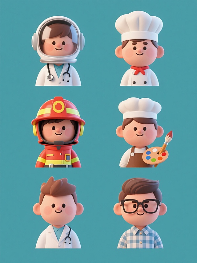 6个不同职业的卡通人物头像素材集合，保持3D渲染的圆润可爱风格，柔和的光影效果，高饱和度的色彩搭配，每个头像都有独特的职业特征（如医生的白大褂和听诊器、厨师的厨师帽和围裙、消防员的头盔和制服、宇航员的宇航服头盔、画家的画笔和调色板、程序员的眼镜和格子衬衫），统一采用纯色背景，规整排布成两行三列的网格布局，每个头像都有友好的表情和生动的细节，整体画面协调统一，适合作为系列头像使用。