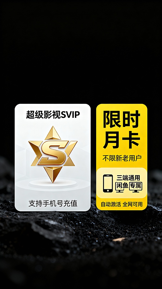 黑色背景，中央左侧为白色卡片设计，内含金色“S”标志与立体三角形图案，上方标注“超级影视SVIP”，下方文字改为“支持手机号充值”。右侧黄色矩形框内大字“月卡”改为“限时月卡”，下方小字“不限新老用户”保持不变。右下角图标区域保留手机、平板、电脑三端图标，文字调整为“三端通用 闲鱼专属”，底部增加一行小字“自动激活 全网可用”。整体风格高端简洁，突出“限时”“自动激活”等关键词，增强视觉差异性与吸引力。